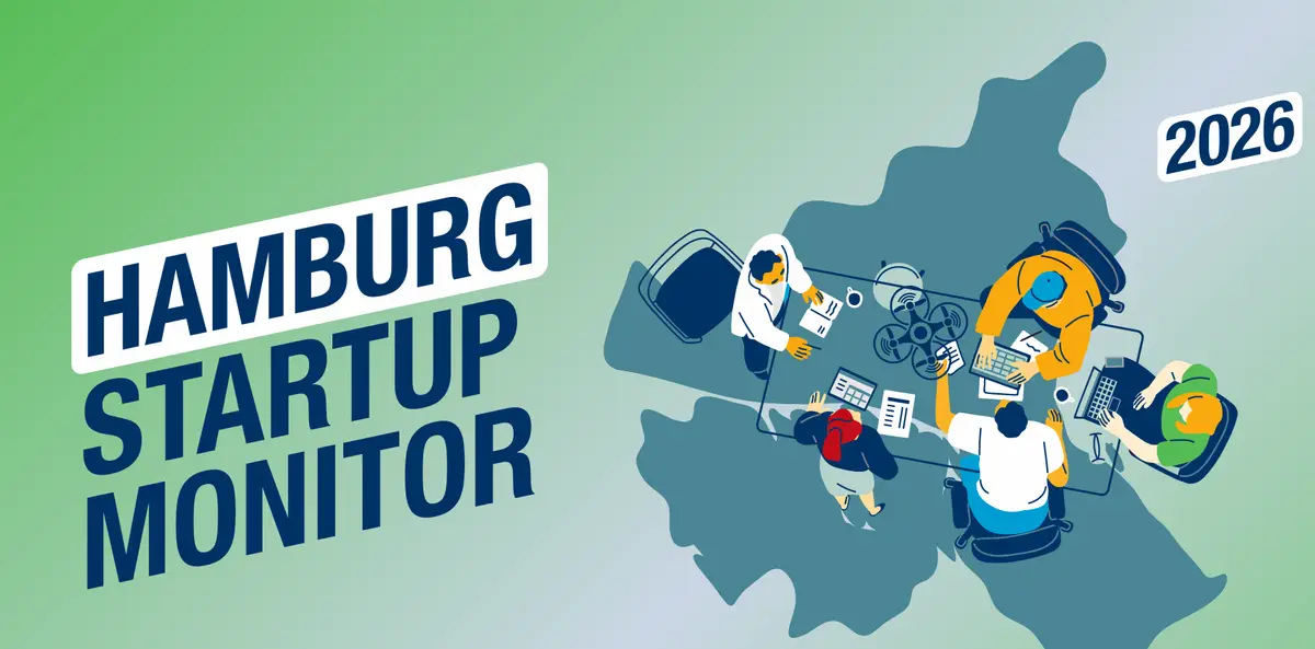 A symbol graphic for the Hamburg Startup Monitor 2026, Hamburg Chamber of Commerce, Startup Association